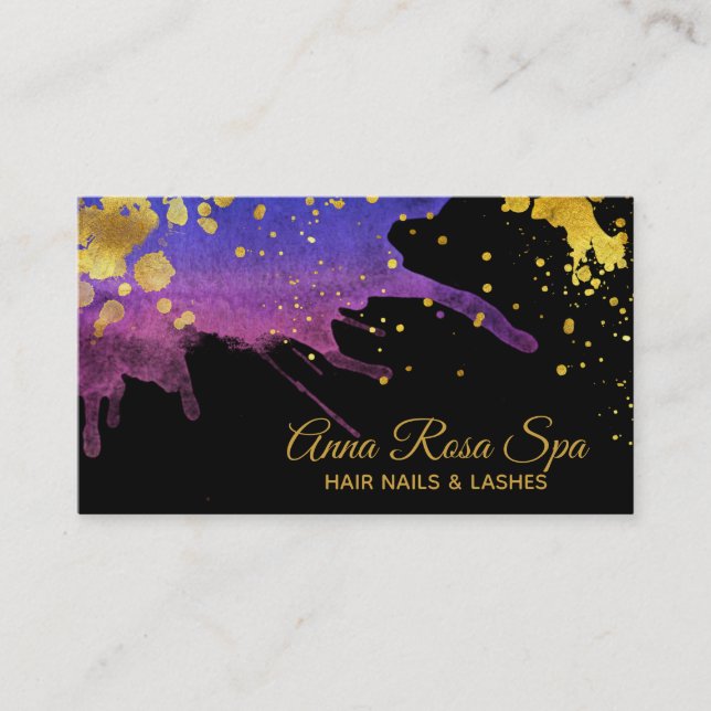 *~*Bold Luxe Purple Glam Watercolor Gold Abstract Business Card (Front)