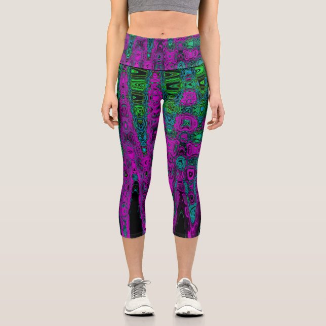 Bold Magenta Abstract Groovy Atomic Waves Capri Leggings (Front)