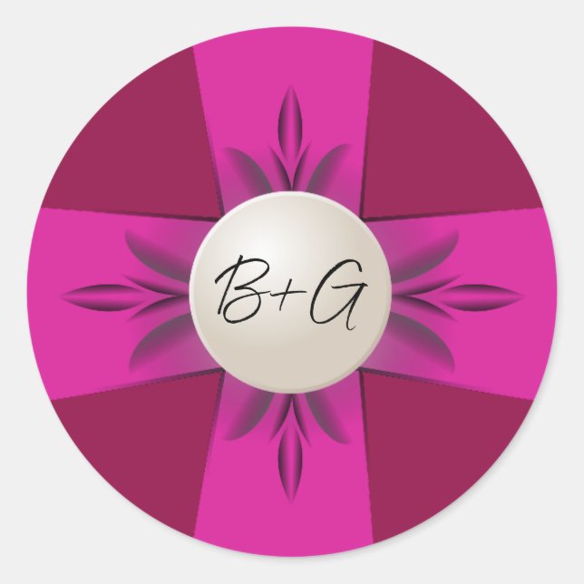 Bold Magenta & Wine Monogram Pearl Ribbon Wedding Classic Round Sticker (Front)
