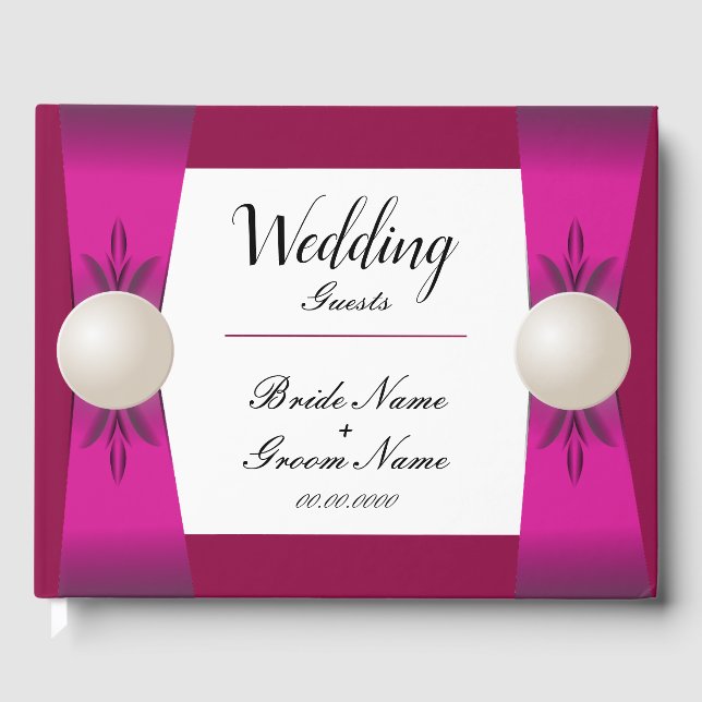 Bold Magenta & Wine Pearl Ribbon Wedding Guest Book (Front)