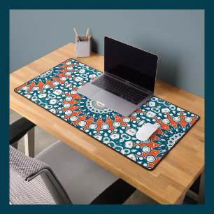 Bold Mandala Teal Coral Office Design Desk Mat