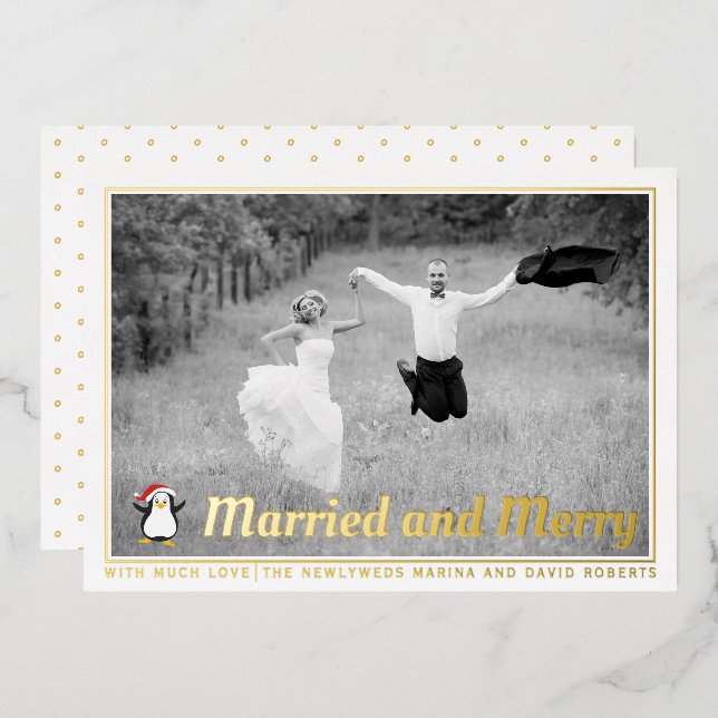 Bold Married and Merry Christmas photo gold Foil Holiday Card (Front/Back)