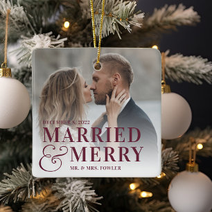 Bold Married & Merry Wedding Photo Newlywed Ceramic Ornament