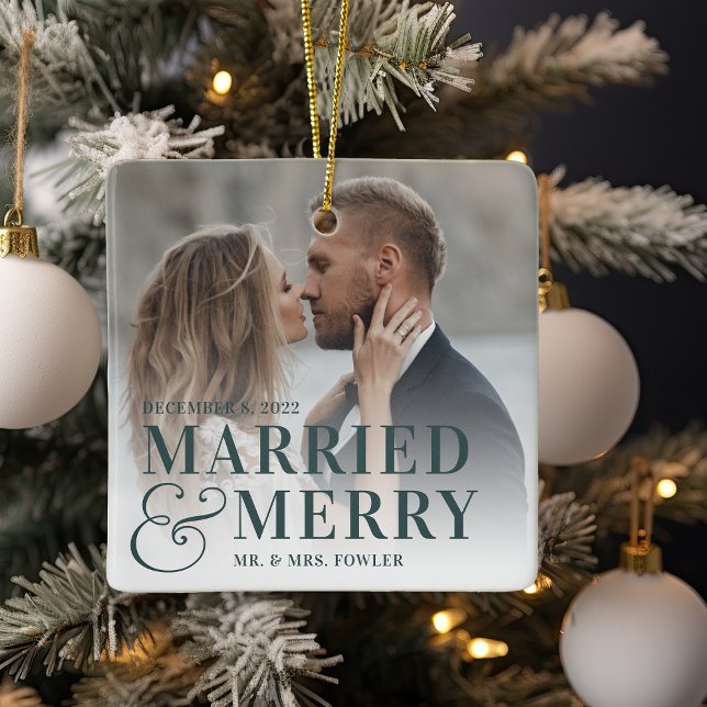 Bold Married & Merry Wedding Photo Newlywed Ceramic Ornament (Creator Uploaded)