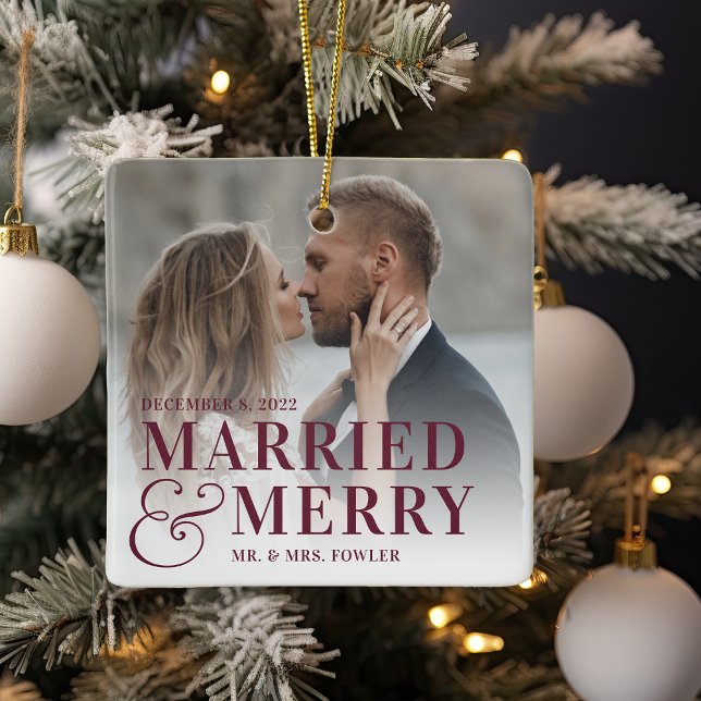 Bold Married & Merry Wedding Photo Newlywed Ceramic Ornament (Creator Uploaded)