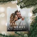 Bold Married & Merry Wedding Photo Newlywed Glass Tree Decoration<br><div class="desc">Display a favourite wedding photo with this bold,  modern typography-based Christmas design,  featuring "married & merry" overlaid in white lettering joined by an oversized ampersand. Personalise with your wedding date and names.</div>