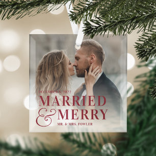 Bold Married & Merry Wedding Photo Newlywed Glass Tree Decoration
