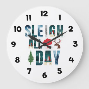 Bold Masks Letters Winter Scenes 'Sleigh All Day'  Large Clock