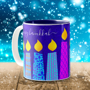 Bold Menorah Candles Happy Hanukkah Script on Blue Two-Tone Coffee Mug