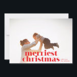 Bold Merriest Christmas Red Holiday Photo Card<br><div class="desc">Bold Merriest Christmas Red Holiday Photo Card design with a chalkboard graphic on the back with a snowflake pattern in navy. Merriest Christmas,  bold modern font.</div>