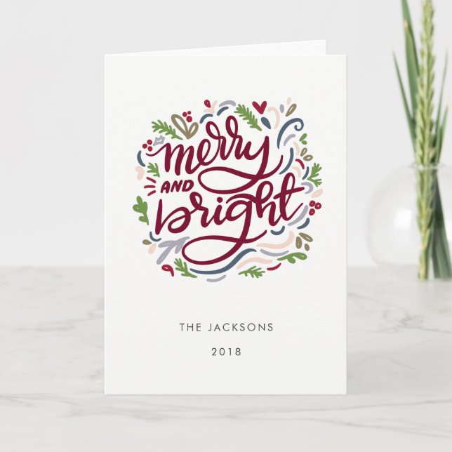 Bold Merry and Bright Script on White Christmas Holiday Card (Front)
