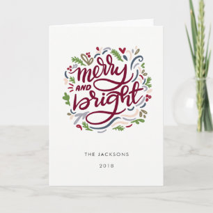 Bold Merry and Bright Script on White Christmas Holiday Card