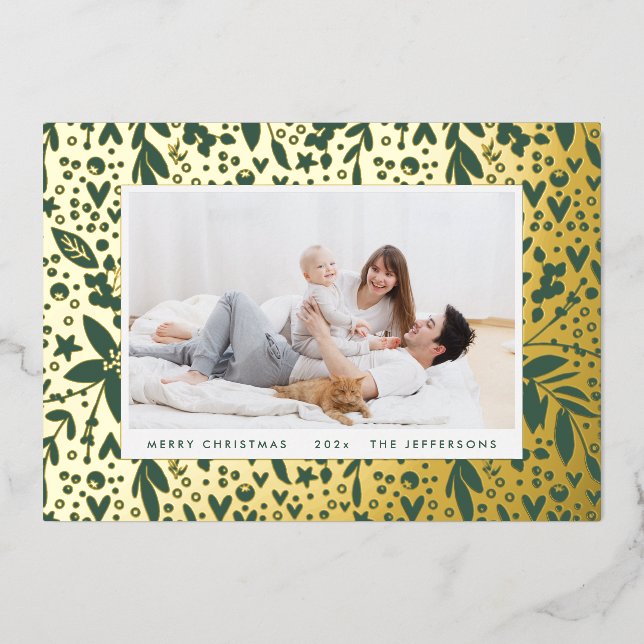 BOLD Merry Christmas Gold Green Botanical Frame Foil Holiday Card (Front)