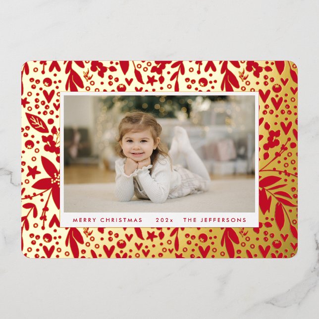 BOLD Merry Christmas Gold Red Botanical Frame Foil Holiday Card (Front)