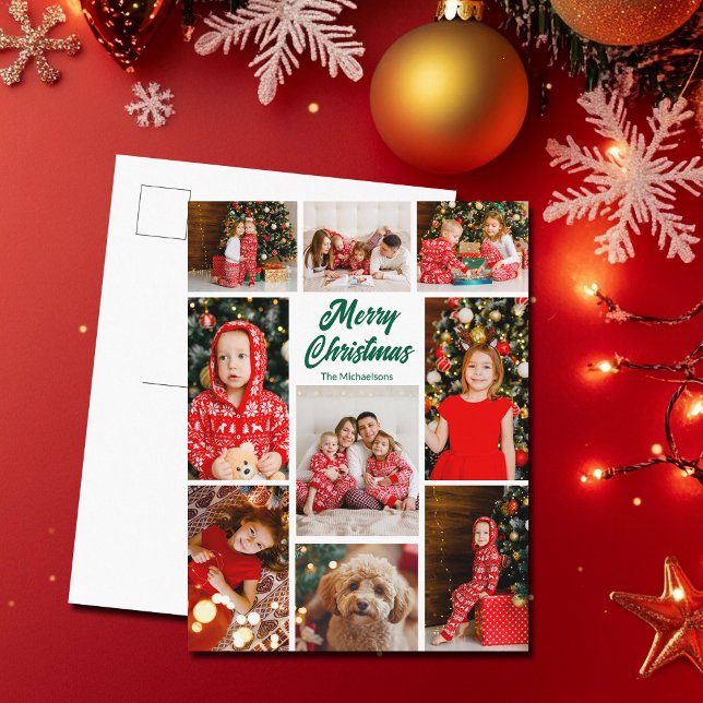 Bold Merry Christmas Green Script Photo Collage Holiday Postcard (Creator Uploaded)