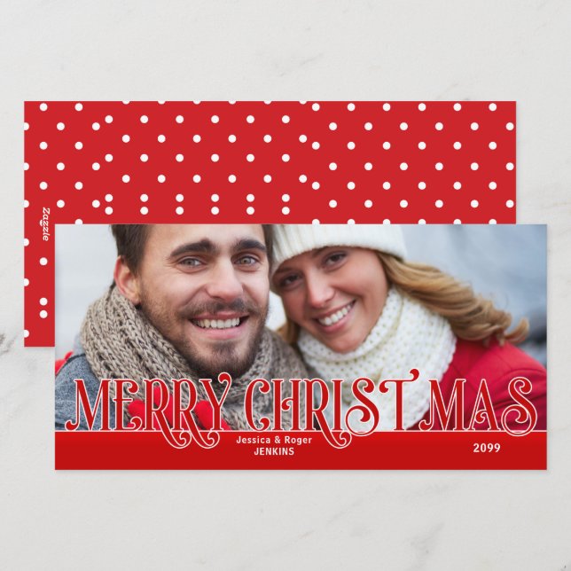 Bold Merry Christmas Text with Family Name Photo Holiday Card (Front/Back)