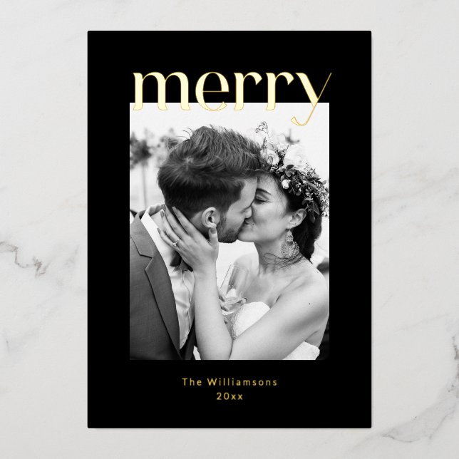 Bold Merry Christmas Wedding Photo Black Gold Foil Holiday Card (Front)