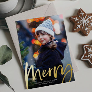 Bold merry script one photo Christmas Foil Holiday Card