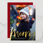 Bold merry script one photo Christmas Foil Holiday Card<br><div class="desc">A bold, foil "merry" in a modern brush script sits at the base of a vertical photo on this festive Christmas card. With a bright red backer featuring a sweater pattern, this is the perfect way to send holiday greetings with your favourite family photo. The red can be changed by...</div>