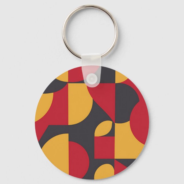 Bold Mid-Century Geometric Red Yellow Gray Pattern Key Ring (Front)