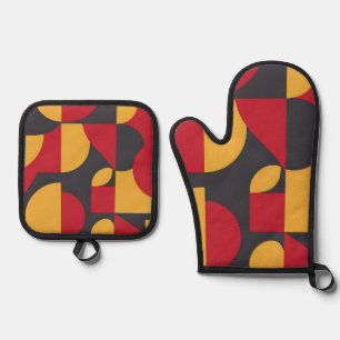 Bold Mid-Century Geometric Red Yellow Gray Pattern Oven Mitt & Pot Holder Set