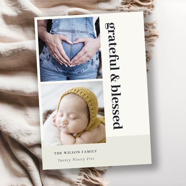 Bold Minimal 2 Photo Black Grateful & Blessed Holiday Card (Creator Uploaded)