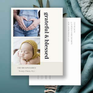 Bold Minimal 2 Photo Black Grateful & Blessed Holiday Postcard