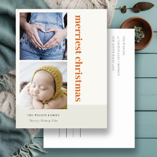 Bold Minimal 2 Photo Red Rust Merriest Christmas Holiday Postcard