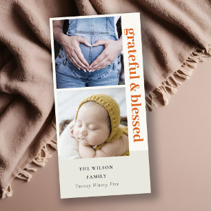 Bold Minimal 2 Photo Rust Red Grateful & Blessed Holiday Card