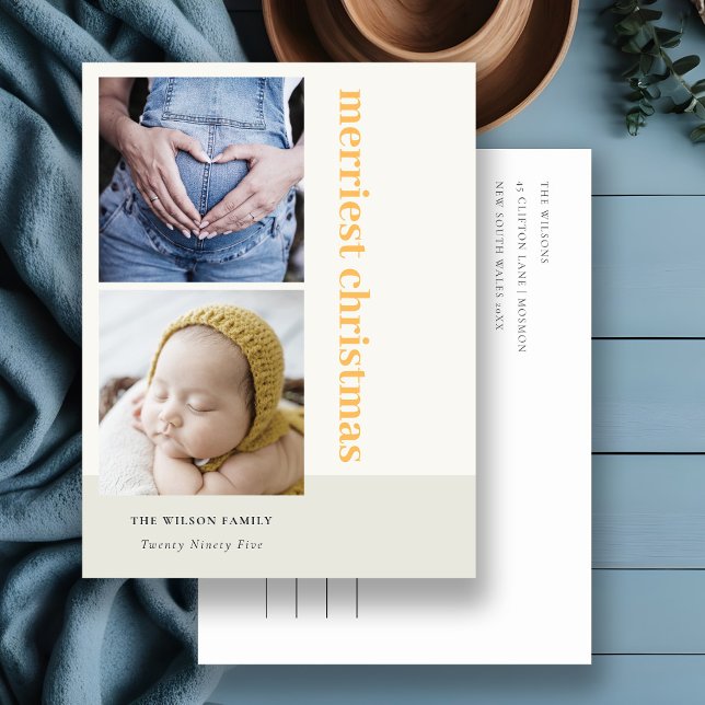 Bold Minimal 2 Photo Yellow Merriest Christmas Holiday Postcard (Creator Uploaded)