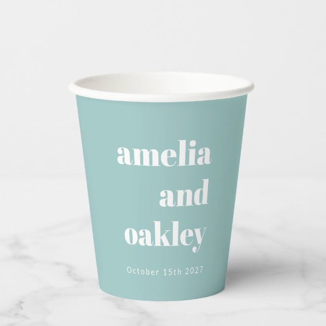 Bold Minimalist Aqua Blue Retro Custom Wedding Paper Cups (Front)