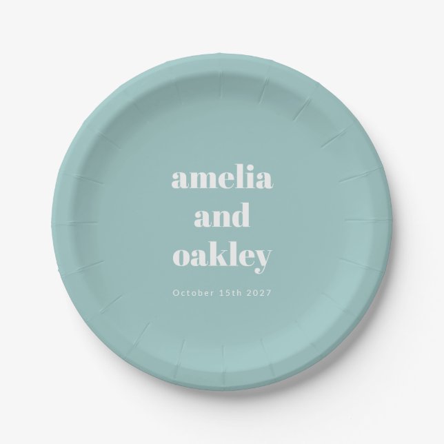 Bold Minimalist Aqua Blue Retro Custom Wedding Paper Plate (Front)