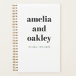 Bold Minimalist Black White Retro Custom Wedding Planner<br><div class="desc">Stay organised while planning your big day with this Personalised Wedding Planner. Featuring a modern minimalist design with bold typography, this spiral-bound notebook is perfect for jotting down ideas, timelines, and to-do lists. With customisable names and date details, it makes a thoughtful engagement gift for newlyweds-to-be. Whether you're tracking guest...</div>