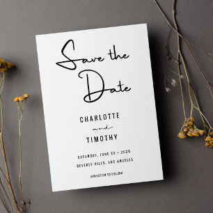 Bold Minimalist Black White Script Wedding Save The Date