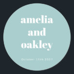 Bold Minimalist Boho Aqua Blue Custom Wedding Classic Round Sticker<br><div class="desc">Personalise your wedding favours with these elegant custom stickers. Featuring a soft aqua blue background and bold typography,  these stickers add a stylish touch to gift boxes,  envelopes,  and more. Customise with your names and wedding date for a beautiful and thoughtful detail your guests will love!</div>