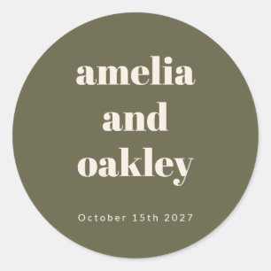 Bold Minimalist Boho Olive Green Custom Wedding Classic Round Sticker