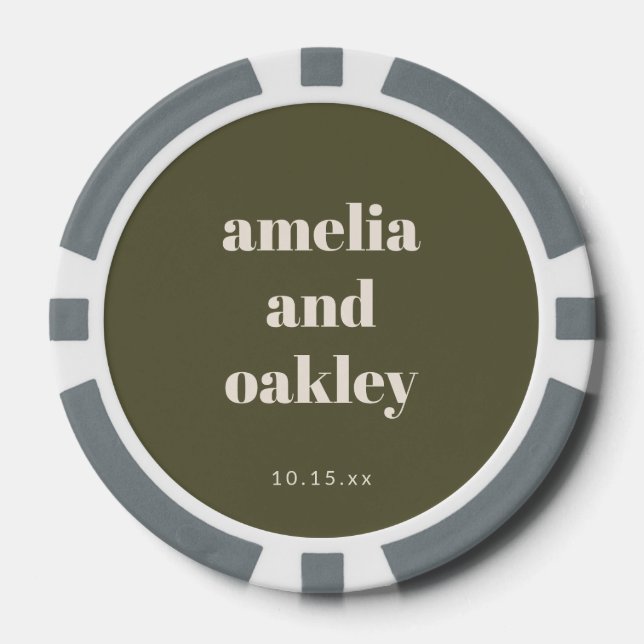 Bold Minimalist Boho Olive Green Custom Wedding Poker Chips (Front)