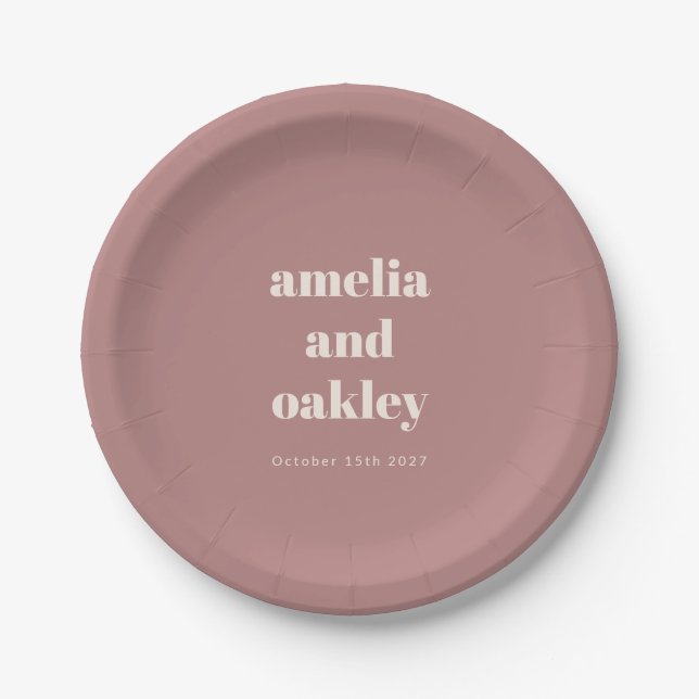 Bold Minimalist Dusty Rose Retro Custom Wedding Paper Plate (Front)
