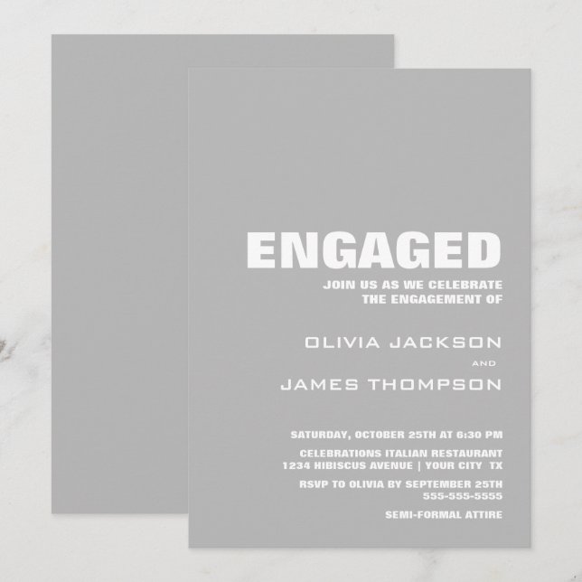 Bold Minimalist Grey Engagement Party Invitation (Front/Back)