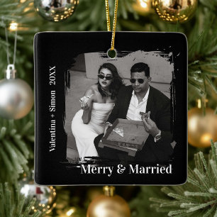 Bold Minimalist Merry and Married Photo Ceramic Ornament