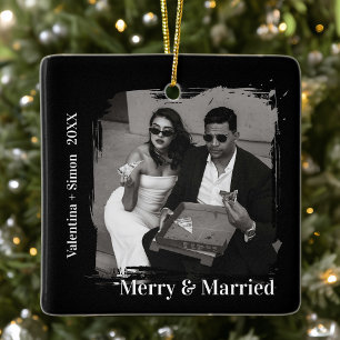 Bold Minimalist Merry and Married Photo Ceramic Ornament