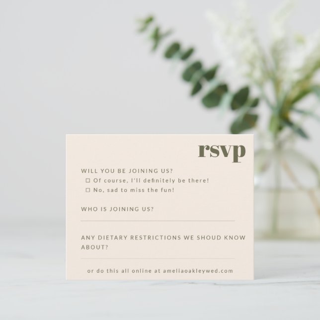 Bold Minimalist Moss Fall Retro Custom Wedding RSVP Card (Standing Front)