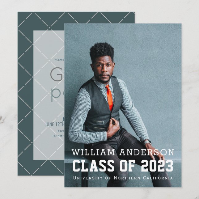 Bold Minimalist Photo Blue Virtual Graduation Invitation (Front/Back)