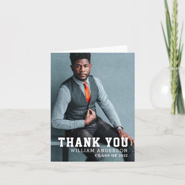 Bold Minimalist Photo Navy Blue Graduatuon Thank You Card (Front)