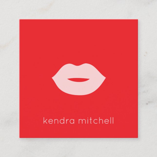 Bold Minimalist Pink Lips Logo Makeup Artist Red Square Business Card (Front)