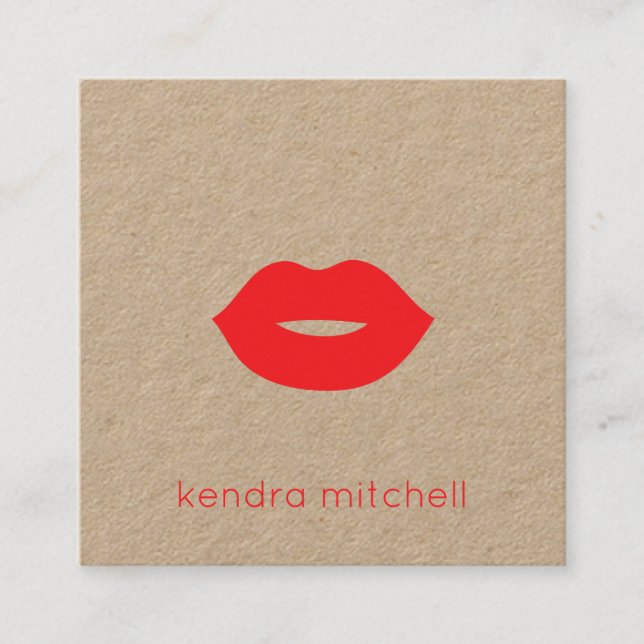 Bold Minimalist Red Lips Logo Makeup Artist Kraft Square Business Card (Front)
