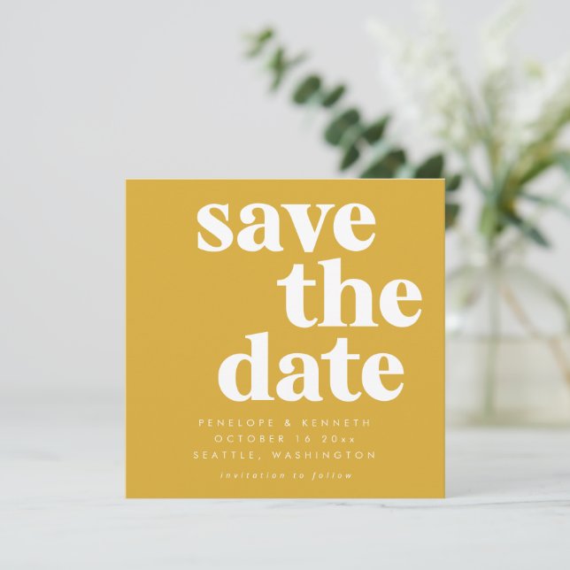 Bold Minimalist Square Mustard Yellow Basic Save The Date (Standing Front)
