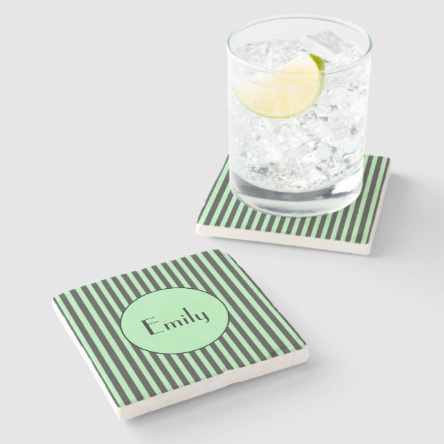 Bold Mint Green & Black Stripe Personalised  Stone Coaster (Side)