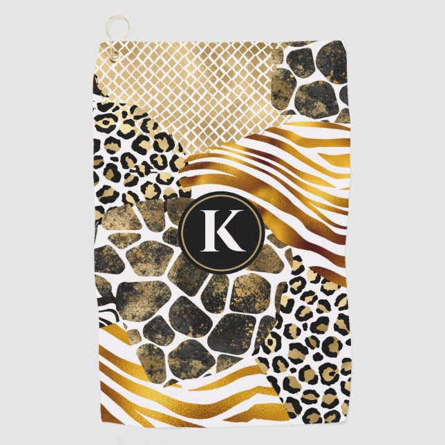 Bold Mixed Animal Prints with Gold Accents Golf Towel (Front)