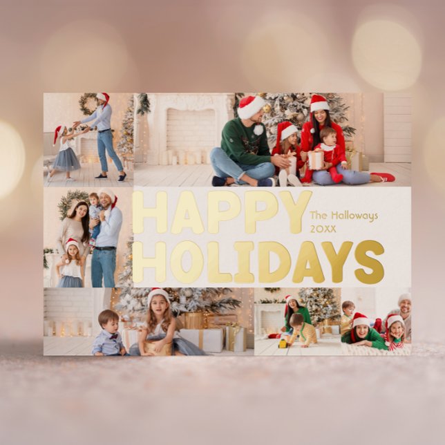 Bold Moden Six-Photo Happy Gold Foil Holiday Card (Creator Uploaded)